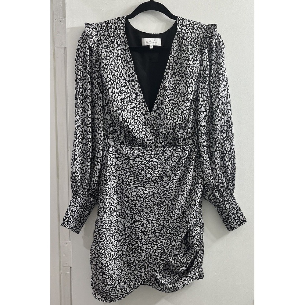 L'Academie Womens Small Black Printed V-neck Long Sleeve Mini Bodycon Dress Read
